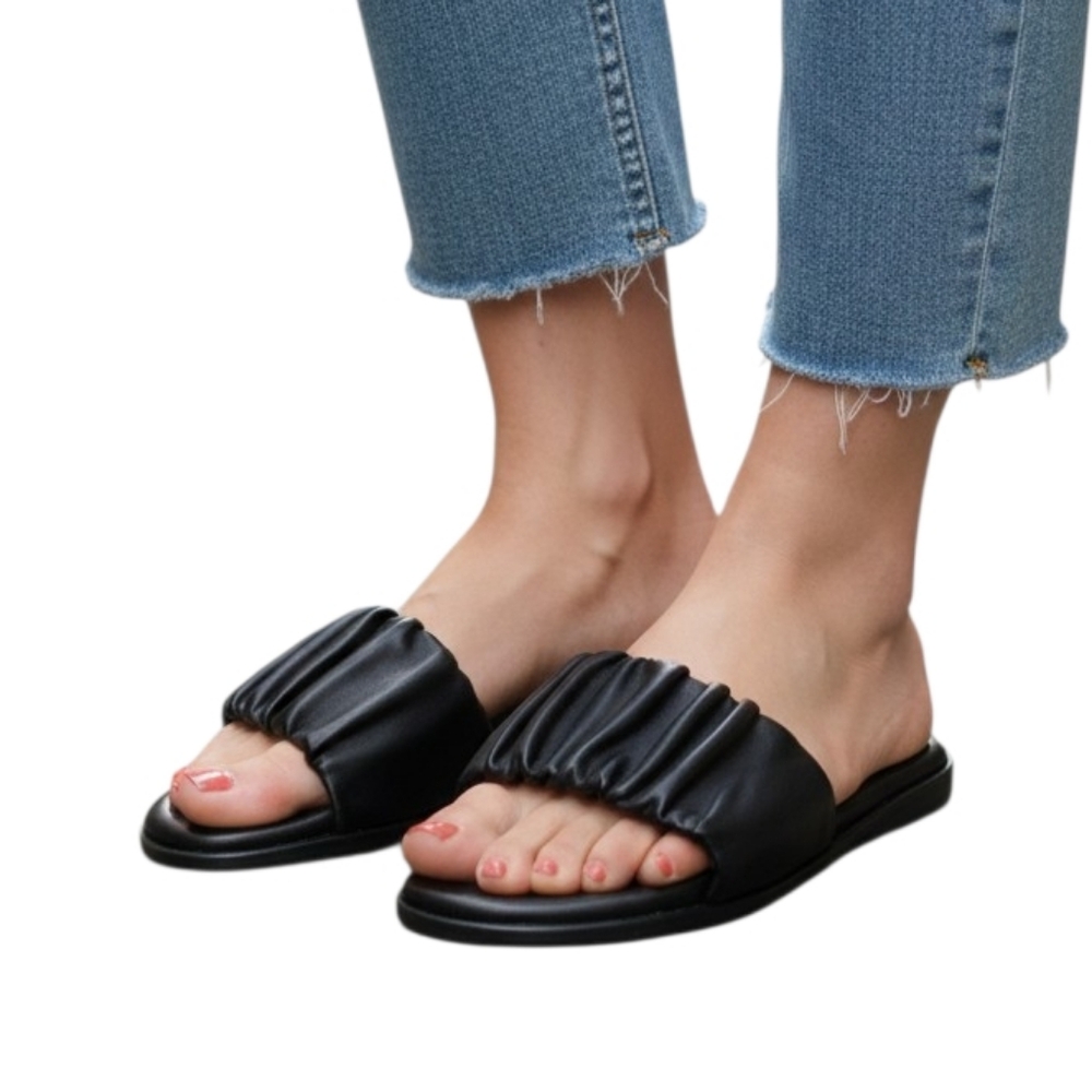 J. Crew Black Leather Slide Sandals with Ruched Design Size 7